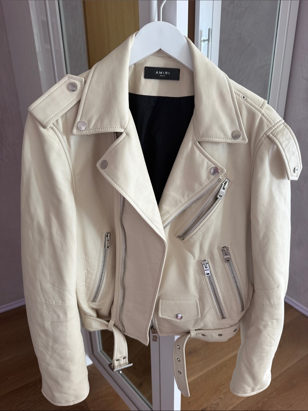 AMIRI Cream Leather Moto Jacket with Zip Details